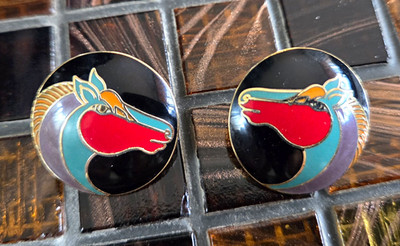 Laurel Burch Cloisonne ''Kundus'' Horse Enamel Post Earrings   Signed Vintage