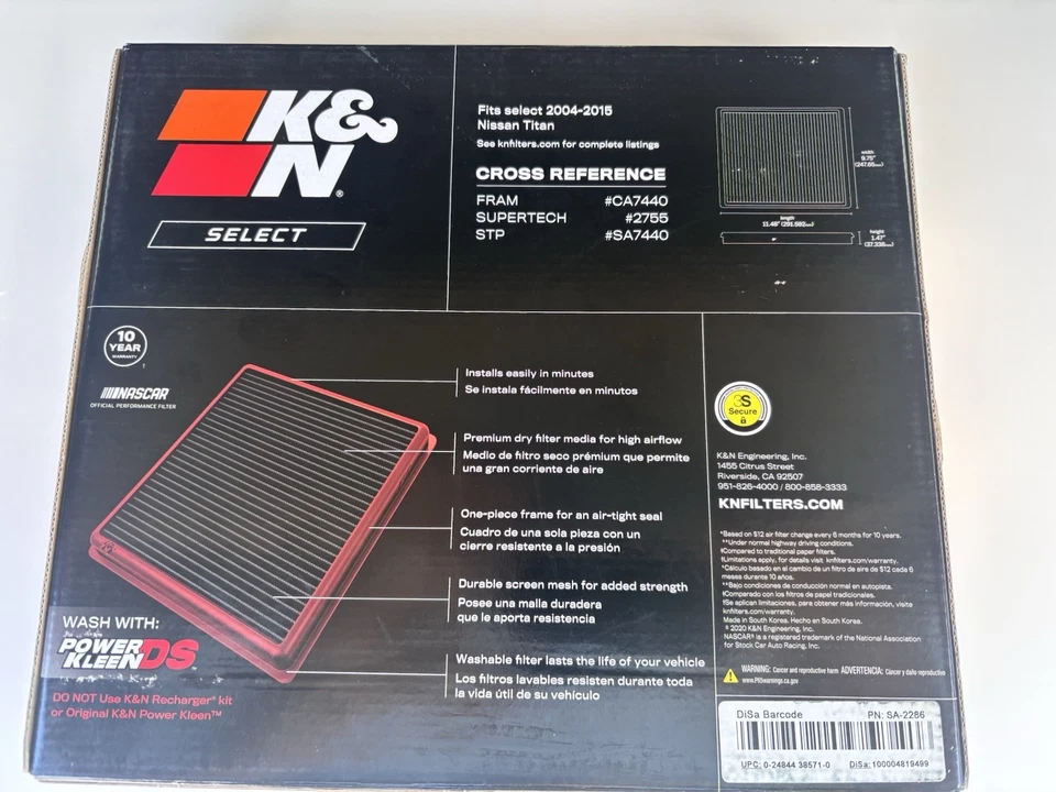 Filtro de aire de repuesto K&N SA-2286 PARA NISSAN TITAN 2004-2015 Foto 2 de 3