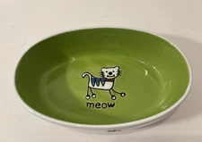 PetRageous Designs Cat Ceramic Food Bowl Water Dish SILLY KITTY Oval GREEN