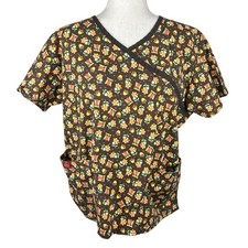Dickies Scrub Top Owls, Acorns, Flowers V Neck Short Sleeve No Size Tag