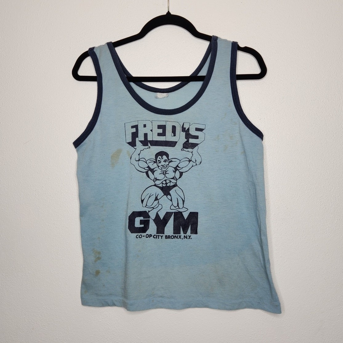 Vintage 60s 70s Freds Gym Tank Top Co Op City Bronx NY Bodybuilding Workout