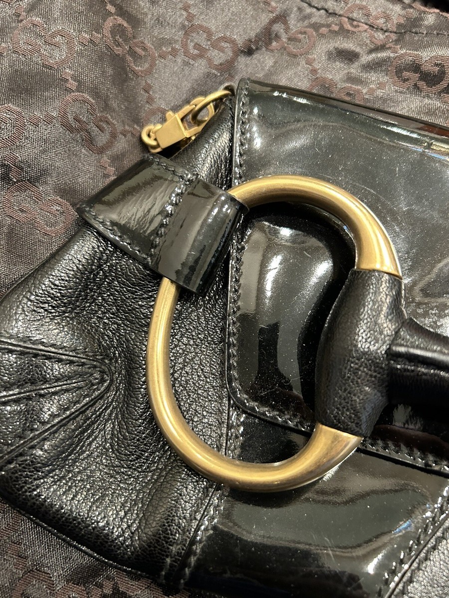 Gucci Tom Ford Black Leather /Patent Horse Bit Chain Clutch