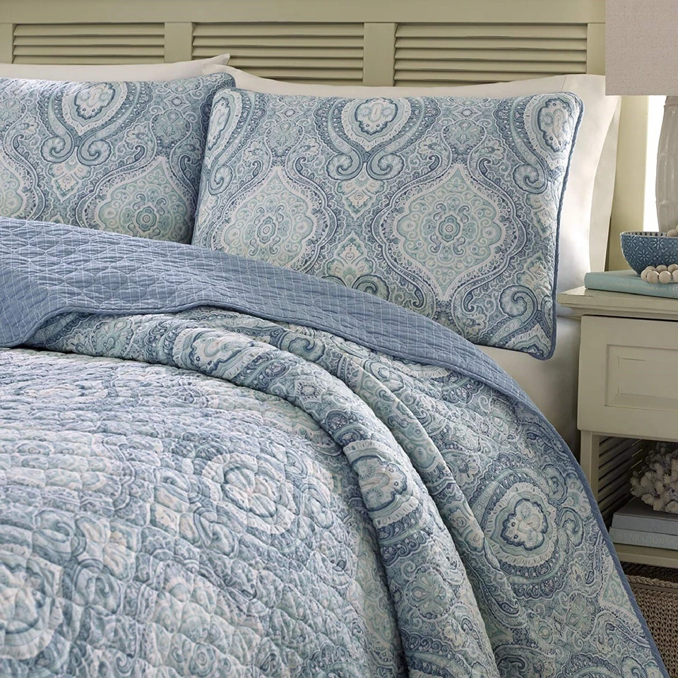 Juego de Edredón King Azul Blanco Algodón Paisley Medallón Cubierta de Cama Reversible Foto 4 de 4