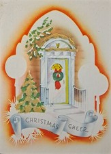 Christmas Card Vintage Colonial Door Wreath Gold Glitter Tree Sommerfield 6x5