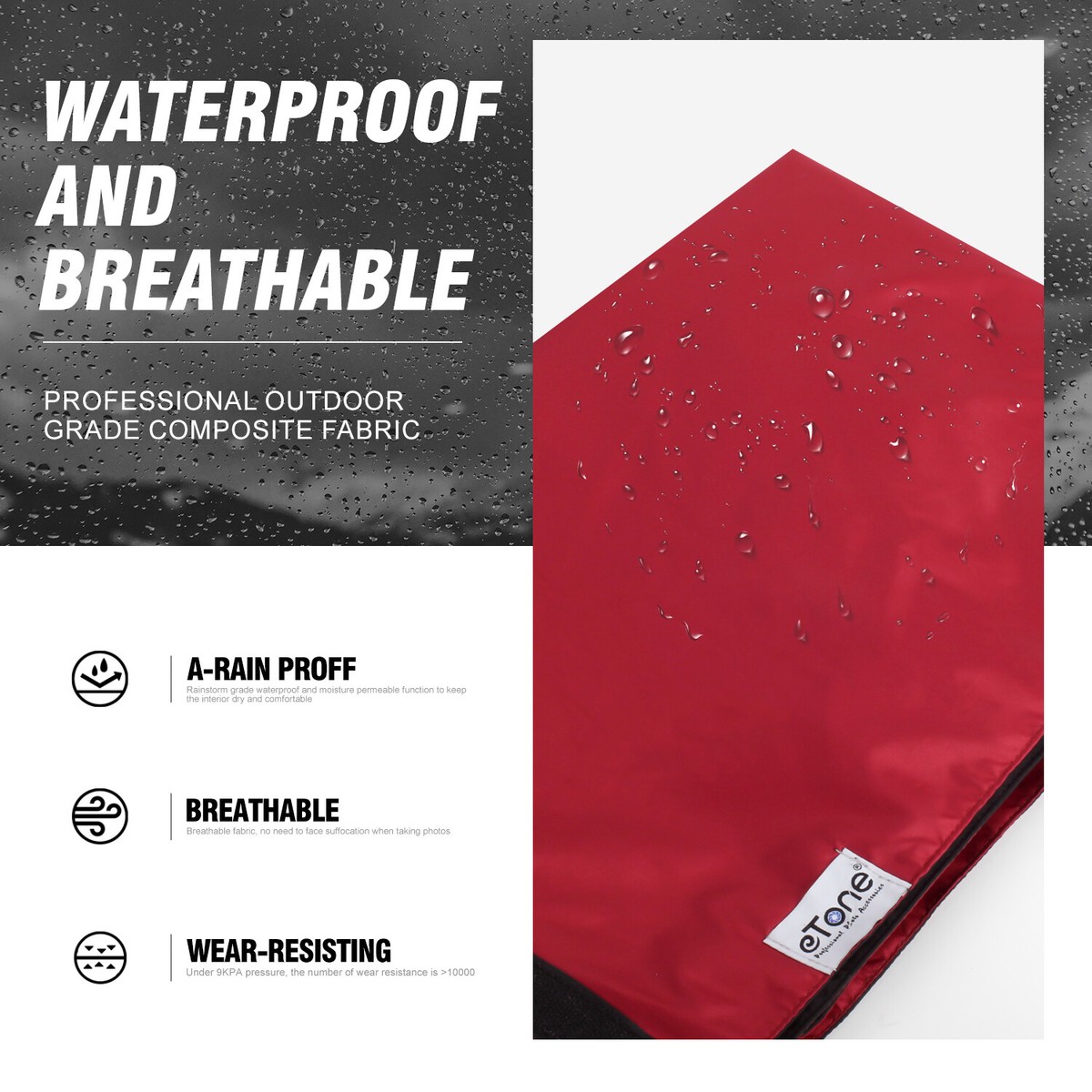 ETone Dark Cloth Focusing Hood For 4x5 Large Format Cameras - Waterproof Wrap, Red/Black