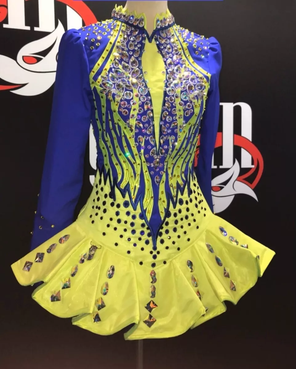 irish dance solo dress Gavin neon yellow and blue fits 14 17