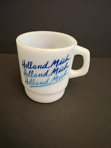 Vintage Anchor Hocking Holland Michigan Milk Glass Coffee Cup Mug USA City