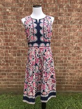 Talbots Navy Blue Pink Paisley Floral Fit & Flare Dress Flowers size 6