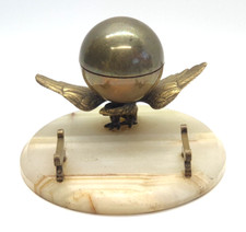 Antique Brass Inkwell Eagle Holding Globe With Pen Rest