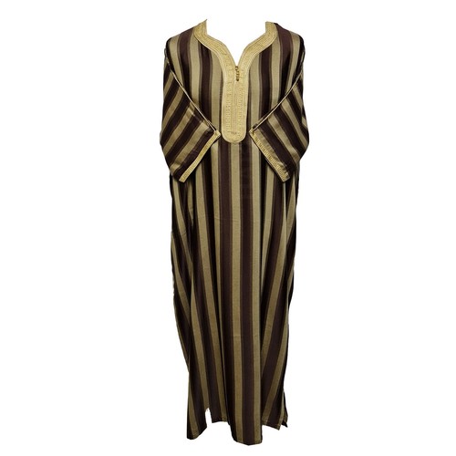 Thobe Djellaba Homme Marron Clair Rayé Coton Capuche Manches Longues Made In Morocco Neuf