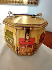 Vtg Wooden Box Purse Decoupage City shops around it Metal Hardware/Lucite handle
