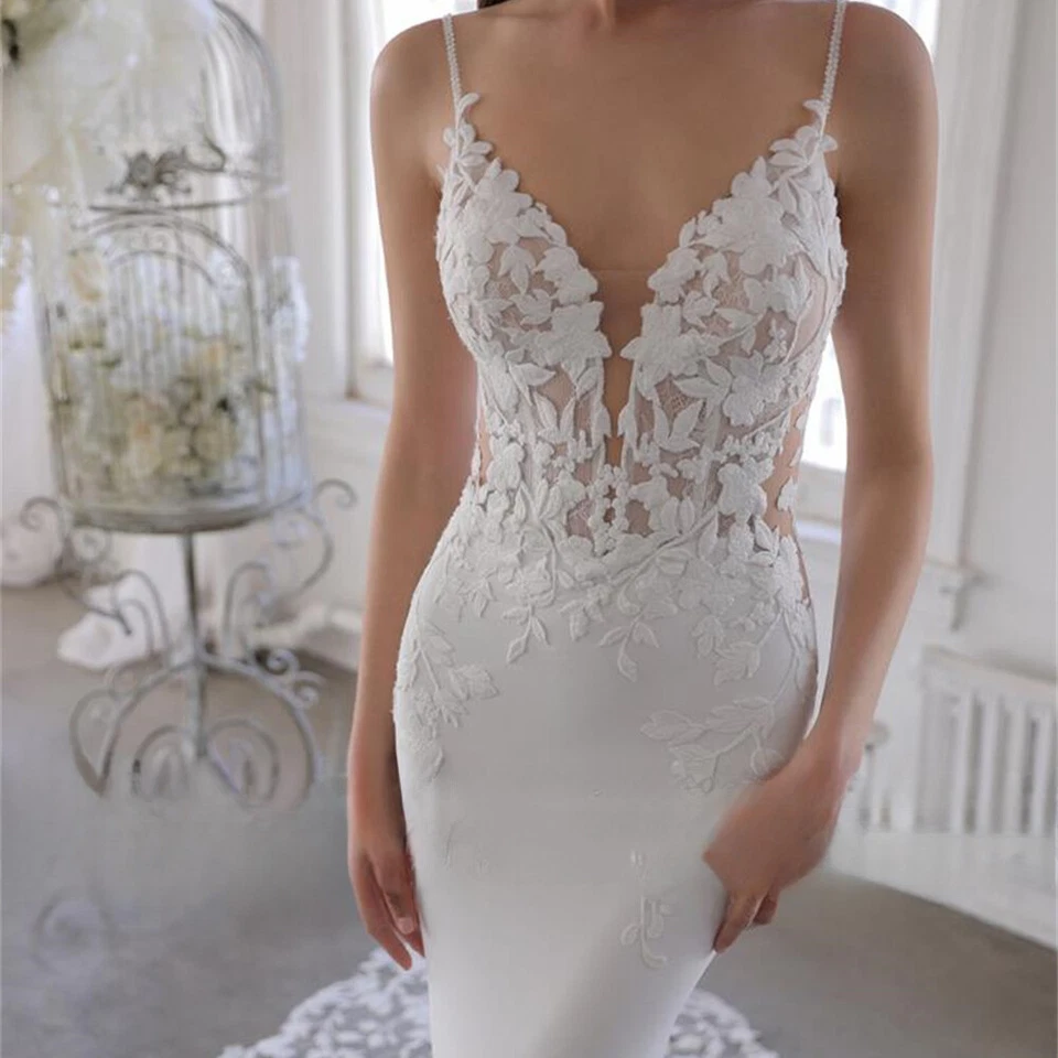 Sexy V Neck Spaghetti Straps Applique Backless Button Lace Mermaid Wedding Dress - Image 3 of 4