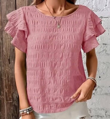 DAMEN BLUSE DUSTY ROSA FRILL RUNDHALS AUSSCHNITT TOP BLUSE GRÖSSE 22/24