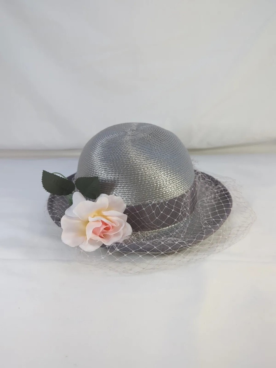 Neiman Marcus Womens Straw Hat Silver Church Derby Flower Rose Netting Ribbon kentucky derby hat fascinator silver gray satin w/ netting  main image 3