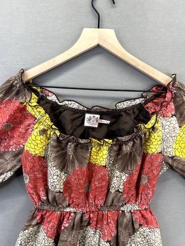 Juicy Couture Womens Brown Mini Dress Floral Long Sleeve Scoop Neck Size S - Picture 3 of 12