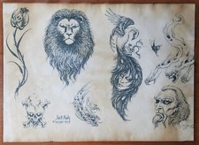 1989 VINTAGE Jack Rudy Traditional Tattoo Flash Sheet Tattooland Biker Fantasy A