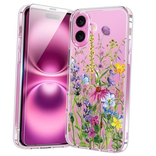 for iPhone 16 Plus Case with Screen Protector, Enhanced Blooming Flowers