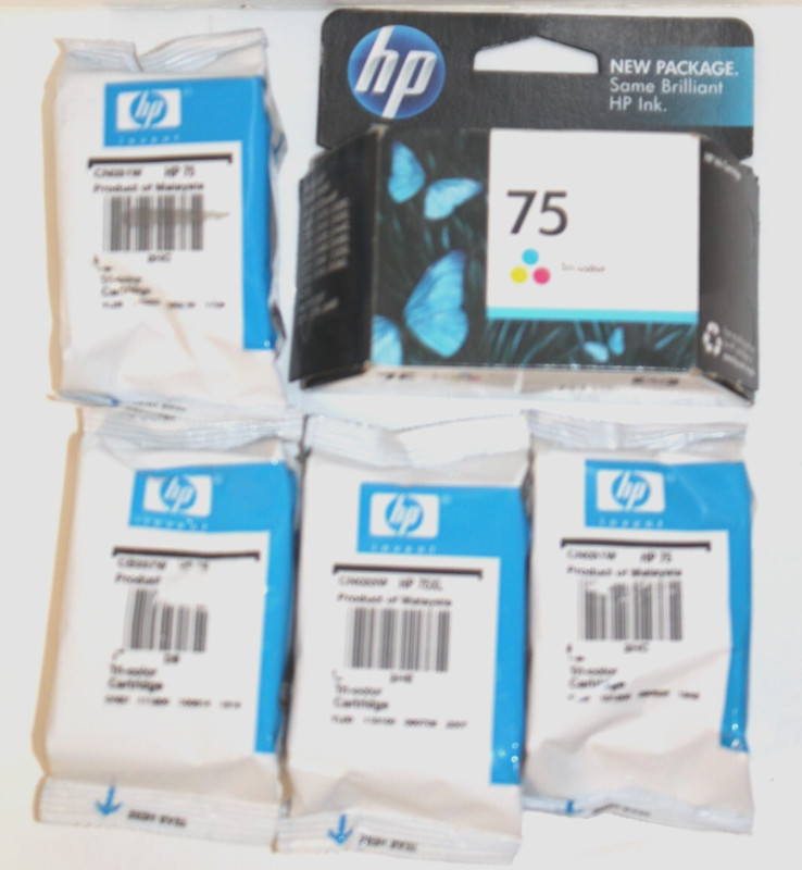 5 Genuine Sealed HP 75 Tricolor Ink Cartridge 1 - 75XL & 4 - 75