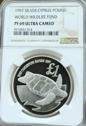 1997 CYPRUS SILVER 1 POUND GREEN SEA TURTLE NGC PF 69 ULTRA CAMEO RARE TOP POP 1