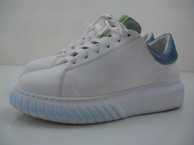 Women's 8.5 9 39 Andia Fora White Leather Blue Snakeskin Shoes Sneakers Platform