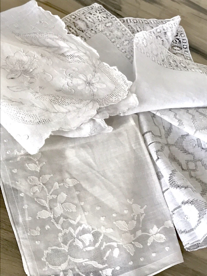 Antik 4x Taschentuch Taschentücher Stickerei weiß Batist Spitze elegant bestickt - Bild 3 von 4
