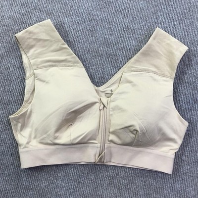 Tommie Copper Sports Bra Womens Large Beige Zip Front Shoulder Support Mesh