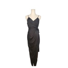 ASOS DESIGN Black Satin Wrap Midi Dress Spaghetti Straps Tie Waist Evening NYE