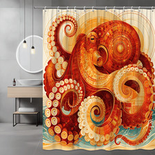 Octopus Abstract Graphic Shower Curtain Orange Red Nautical