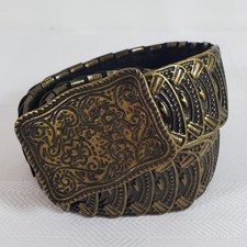 Vintage Hobo Western Overlay Metal Medallion Embossed Belt Gold Black Stretch