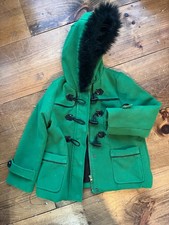 KC Collections green peacoat with black trim and faux fur lined hood, child 4