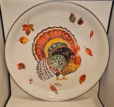 Hallmark Thanksgiving Turkey 16” Round Enamel Tray Platter Vintage Fall Serving