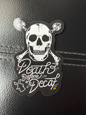 DUTCH BROS sticker FEBRUARY 2026 DEATH BEFORE DECAF skeleton skull black coffee