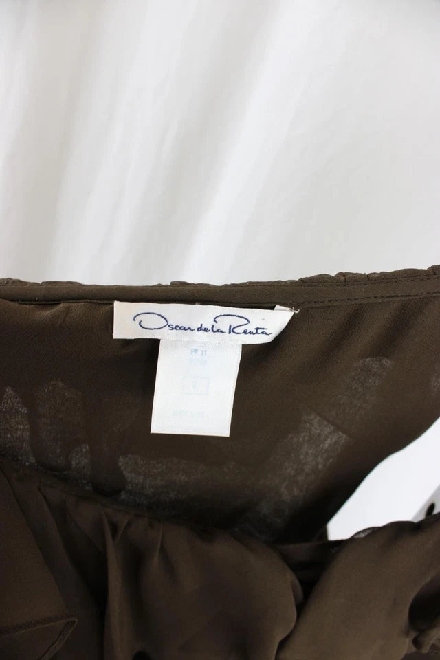 Oscar de la Renta Women's Brown 100% Silk Ruffle V Neck Sleeveless Top Size 8 - Image 3 of 4