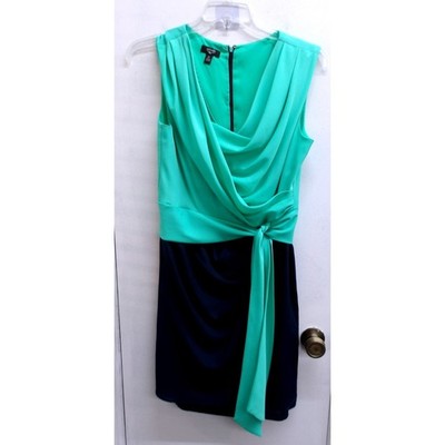Suzi Chin Boutique Green/Navy Pleated High Neck Sleeveless Dress Size 12 /#26350