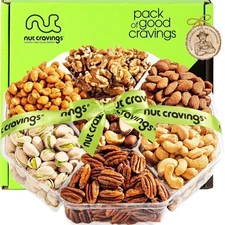 Nut Cravings - 7 Variety Nut Gift Box 1LB Round Tray with Green Ribbon (1 Pack)