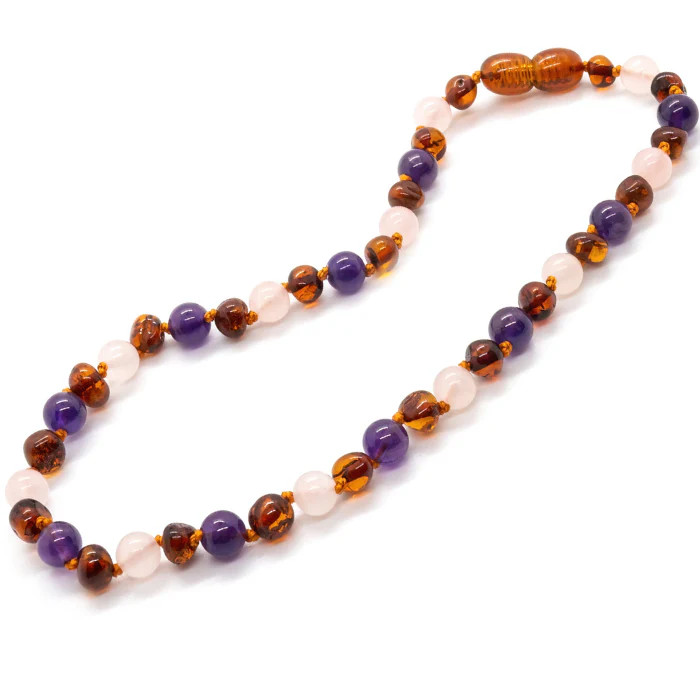 12.5 or 11 Inch Baltic Amber Necklace in Rainbow Dark Pink Rose Amethyst