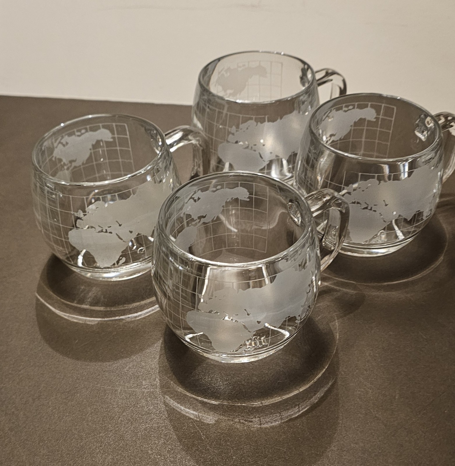 Set 4 Vintage Nestle Nescafe Etched Glass Globe World Coffee Mugs Cups