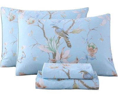 Egyptian Cotton Bed Sheet Set Blue Bird Botanical Pattern Bed Full Sz Light Blue
