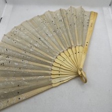 ANTIQUE Folding Hand Fan Lace Sequins Floral Carved Handles Victorian Era 8  