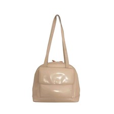 Gucci Shoulder Bag 12" Beige Patent Leather Bamboo Zipper Pull Avante Garde VNTG