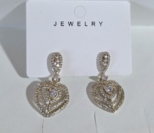 Gold Plated Heart Drop Earrings CZ Crystal Elegant Dangle Gift New