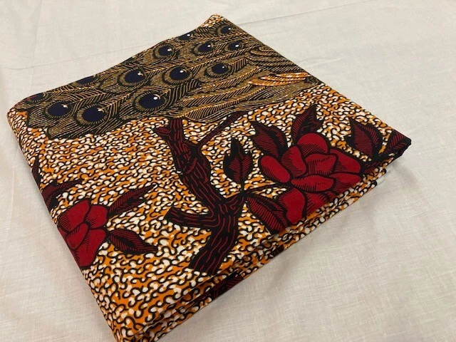 African Fabric Print 6 Yards Ankara 100% Cotton Orange and Red Pikok 🦚 - Image 4 of 4
