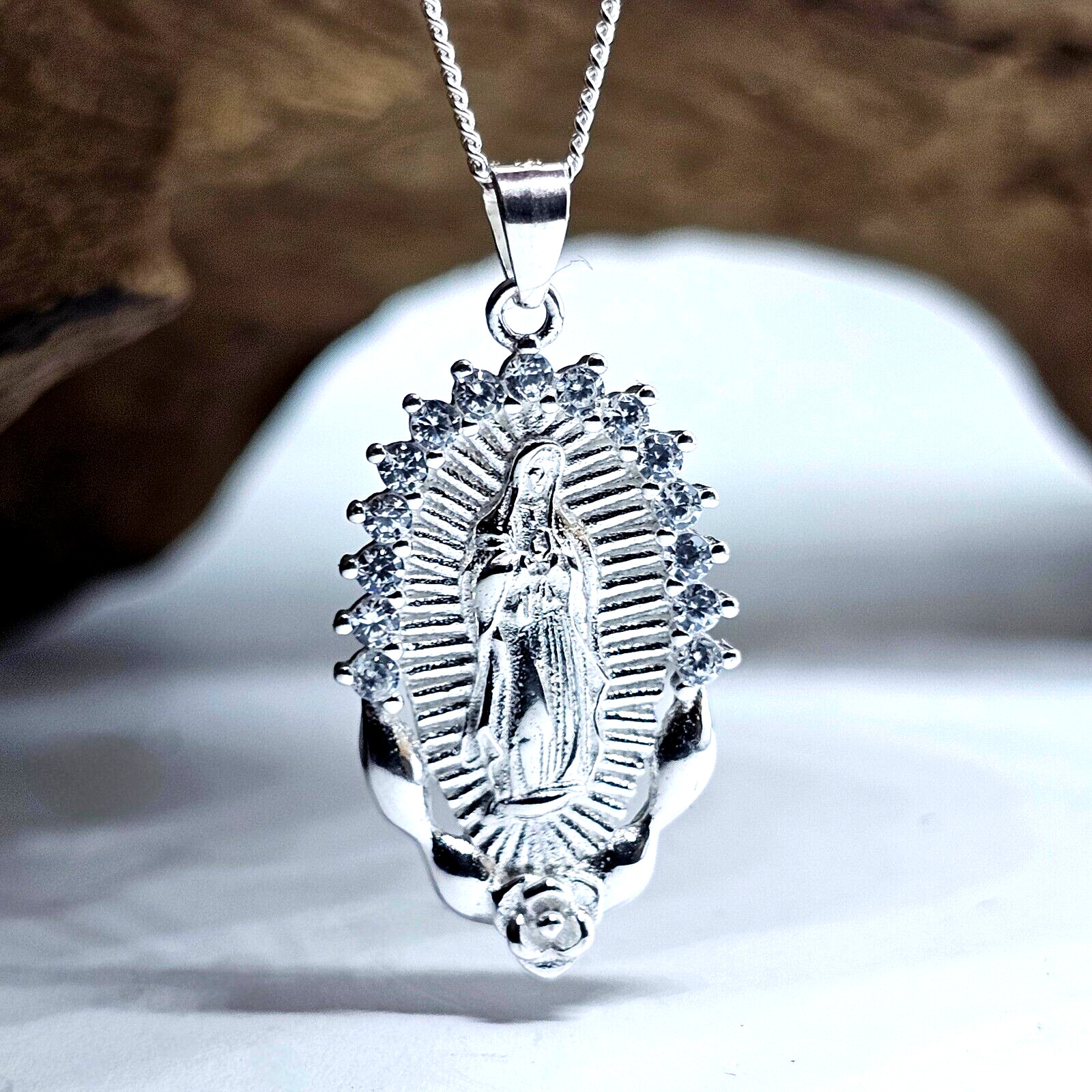 Madonna Virgin Mary Pendant Necklace Gemstones 925 Silver Jewellery And Boxed