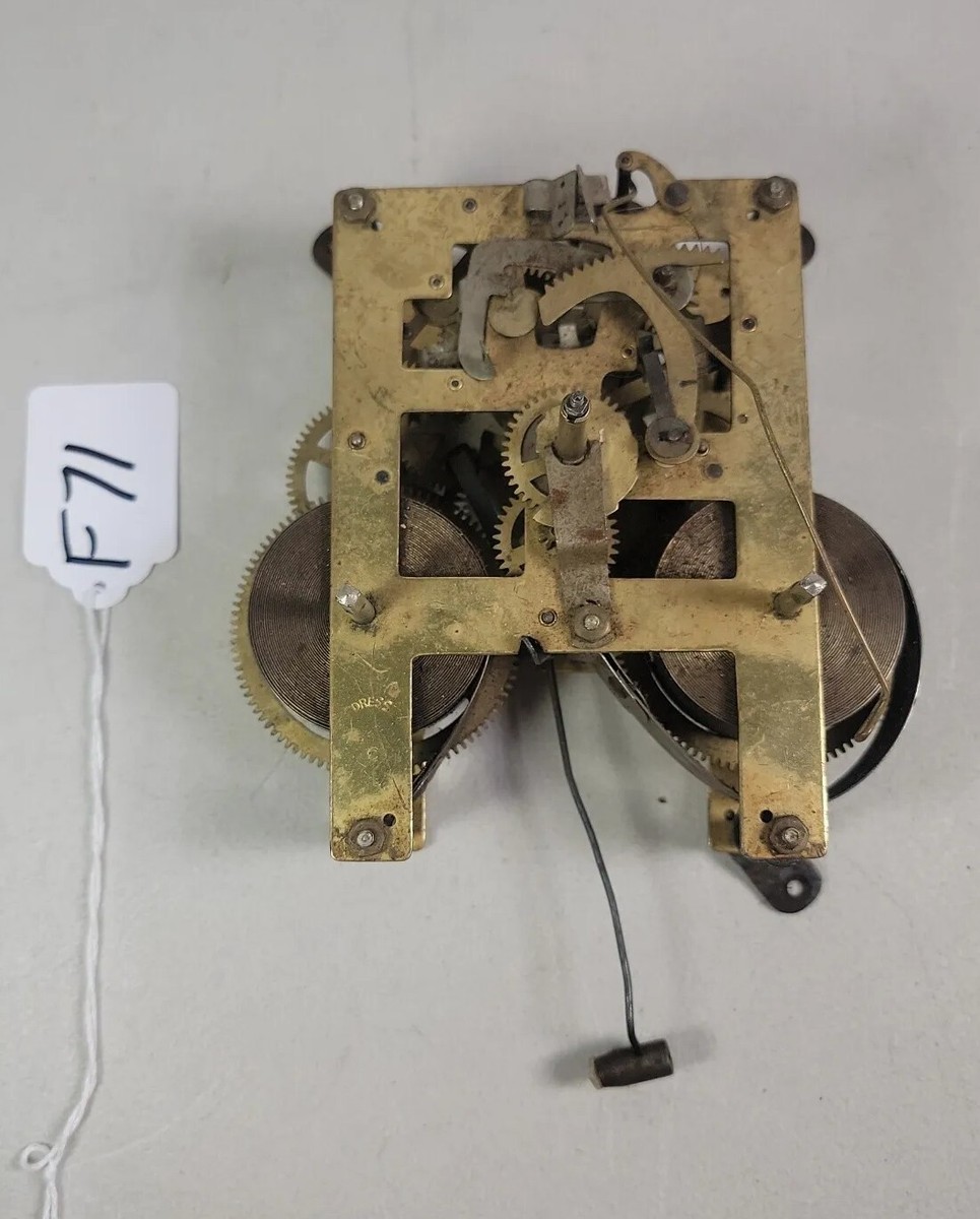 VINTAGE BRASS WIND UP CLOCK MOVEMENT MARKED DRESS C UNTESTED F71