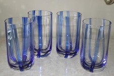 COBALT BLUE STRIPED CLEAR HIGHBALL GLASSES - NEW - SET OF 4