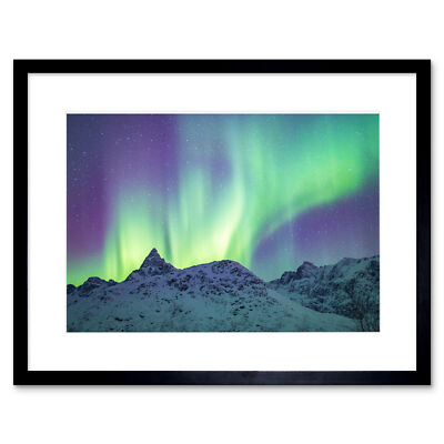 Dalsfelt Aurora Snowy Mountains Startseite Gerahmter Kunstdruck 18x23 cm