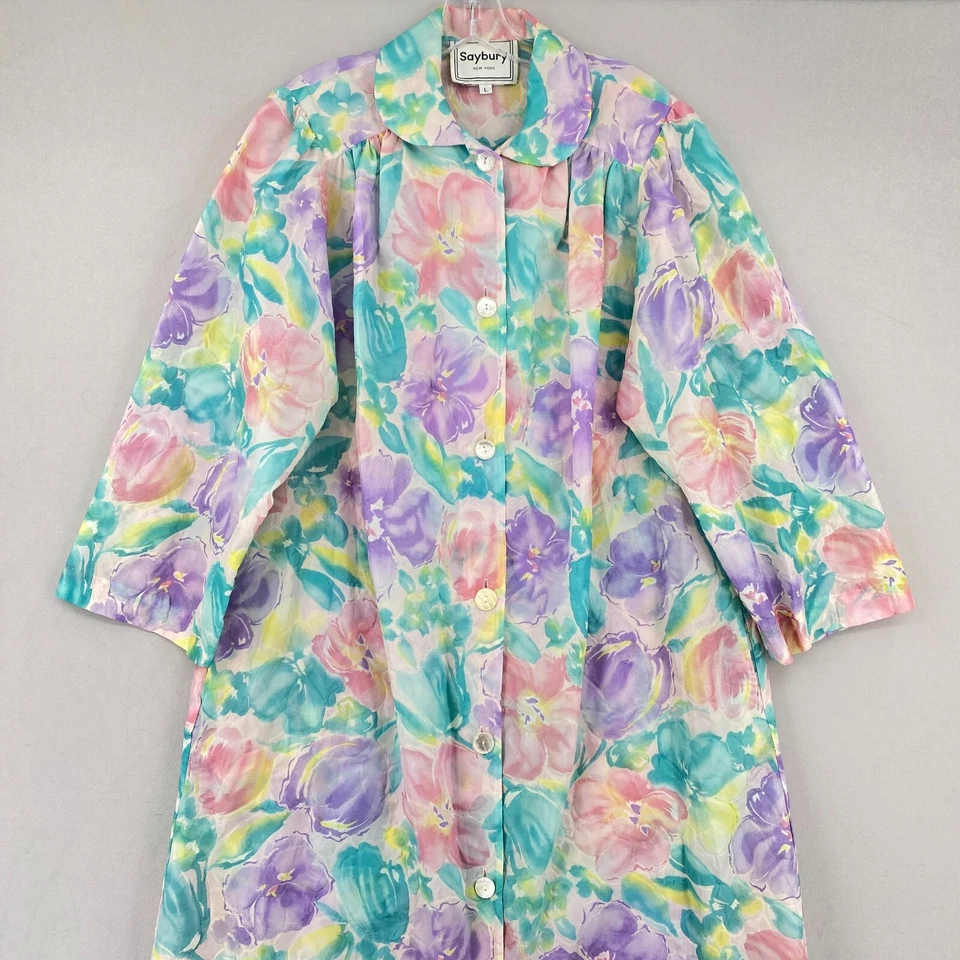 Vintage Saybury House Dress Nightgown Medium Pink Multicolor Floral 70s 80s - Image 2 of 4