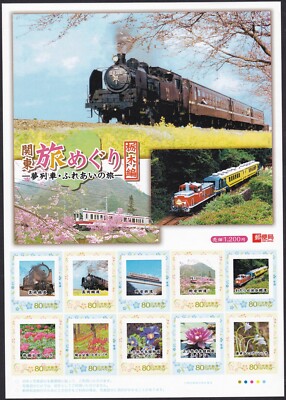 Japan personalized stamp sheet, journey in Tochigi trains flowers