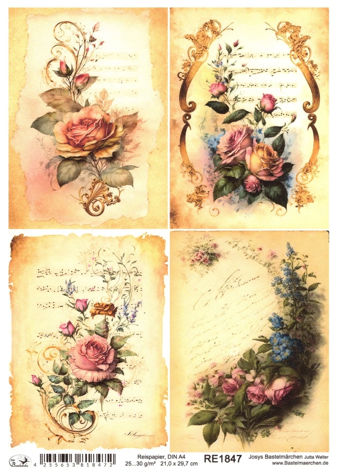 JOSYS BASTELMÄRCHEN Papel de arroz A4 seda de paja decoupage flores vintage rosas partitura RE1847