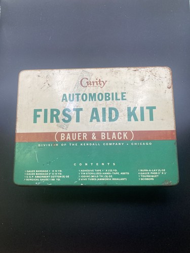 1940s Curity Automobile First Aid Kit Bauer and Black with Supplies Hinged Lid